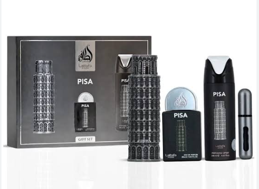 Pisa gift set containing a 120ml perfume bottle, 30ml spray, and 10ml atomizer, alongside a matching gift box. The bottles feature a distinctive black and white architectural pattern resembling the Leaning Tower of Pisa, with silver and black details.