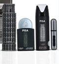 Pisa cologne fragrance set featuring a tall black bottle, a smaller round bottle with a silver cap, a silver atomizer spray, and a silver cylindrical bottle, all with a building graphic on the labels, shown against a white background.