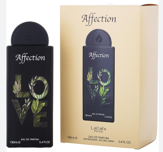 Lattafa Pride Affection Unisex Eau de Parfum box and bottle 3.4oz 100ml on white background