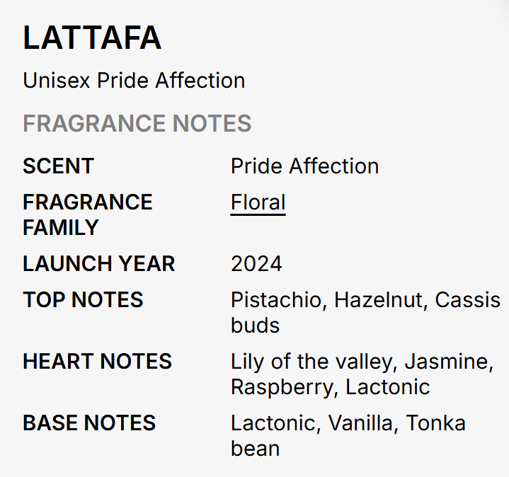 Lattafa Pride Affection Unisex EDP 100ml warm tender floral oriental fragrance with delicate florals rose jasmine affectionate amber gentle oud white musk and sandalwood