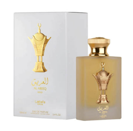 Lattafa Pride Al Areeq Gold Unisex Eau de Parfum box and bottle 3.4oz 100ml on dark background