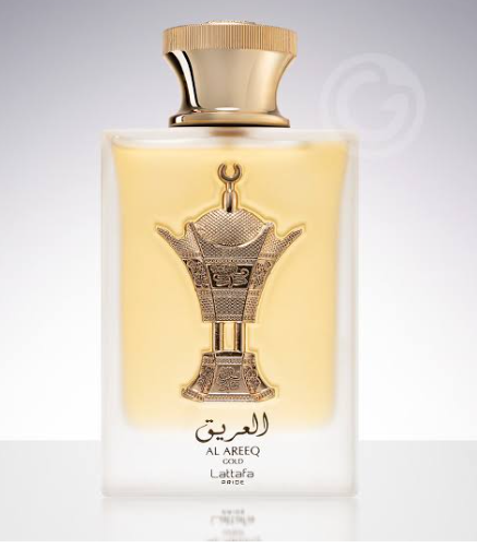 Lattafa Pride Al Areeq Gold Unisex Eau de Parfum spray bottle 3.4oz 100ml on white backgroundLattafa Pride Al Areeq Gold Unisex Eau de Parfum spray bottle 3.4oz 100ml on white background