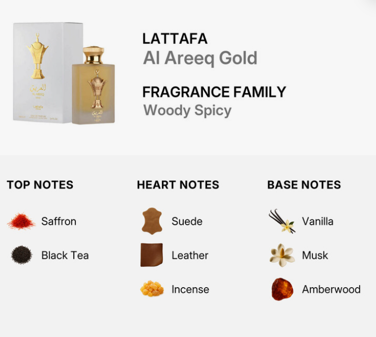 Lattafa Pride Al Areeq Gold Unisex EDP 100ml rich golden oriental oud resinous fragrance with precious spice deep oud golden amber rose distinguished incense dark musk and sandalwood