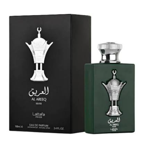 Lattafa Pride Al Areeq Silver Men Eau de Parfum box and bottle 3.4oz 100ml on dark background