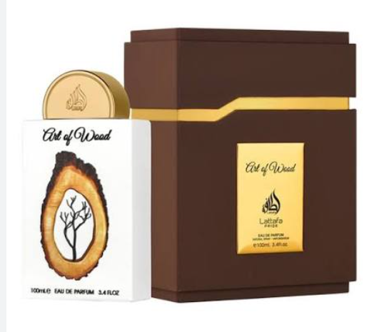 Lattafa Pride Art of Wood Unisex Eau de Parfum box and bottle 3.4oz 100ml on dark background