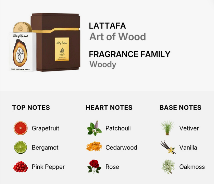 Lattafa Pride Art of Wood Unisex EDP 100ml rich warm woody oriental oud fragrance with precious woods oud sandalwood cedarwood warm amber and dark musk
