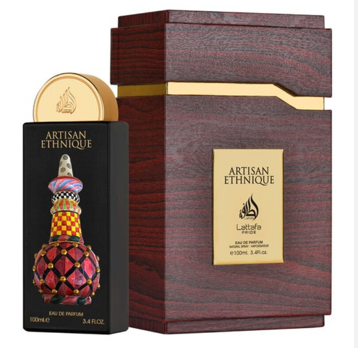 Lattafa Pride Artisan Ethnique Unisex Eau de Parfum box and bottle 3.4oz 100ml on dark background