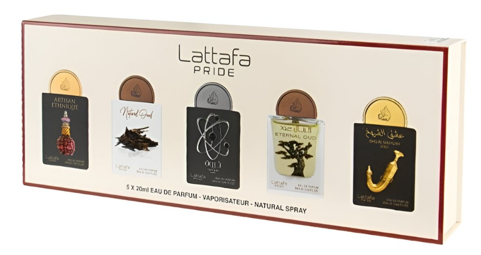 Lattafo Pride 5-piece perfume gift set in a cream-colored box with red borders, featuring five different fragrance bottles with gold, bronze, silver, and black labels.
