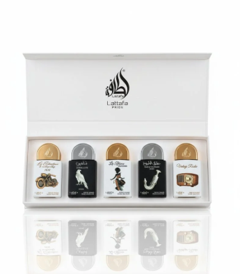 A white Lattafa gift box containing five small perfume bottles with illustrated labels, shown on a clean white background with a reflection below.