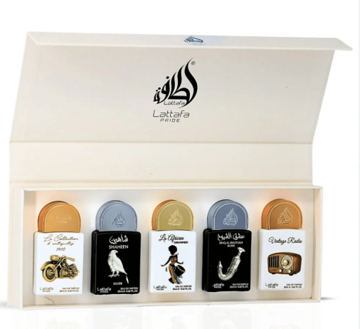Lattafa Prize 5-piece fragrance gift set in an off-white box, featuring five distinct perfume bottles with unique illustrated caps and labels.