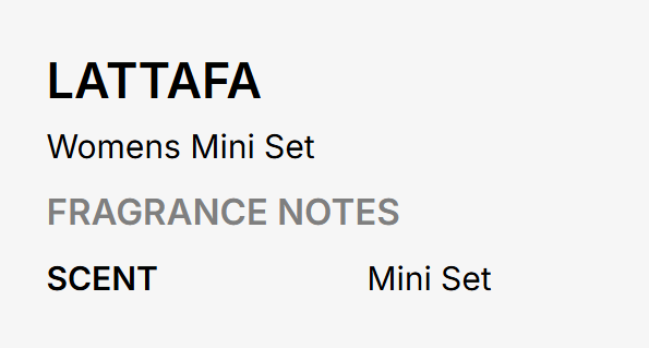 A text-based graphic on a light gray background reading 'LATTAFA' in bold black, 'Womens Mini Set' below, 'FRAGRANCE NOTES' in gray, and 'SCENT Mini Set' at the bottom.