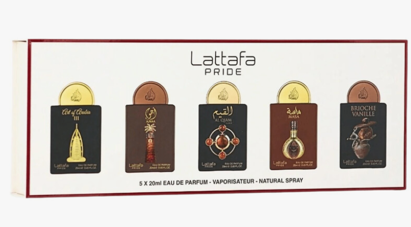 Lattafa Pride 5-piece Eau de Parfum gift set in a white box with red borders, featuring five miniature bottles in black, brown, and gold tones.