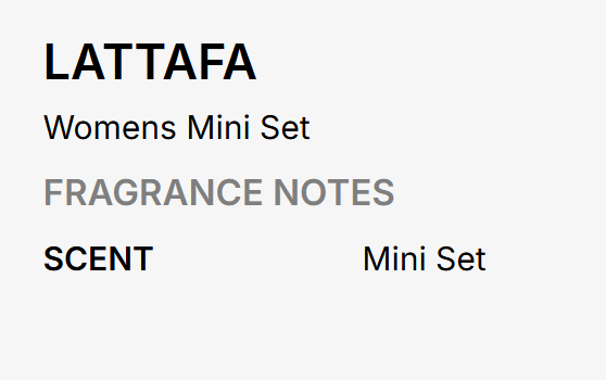 A text-based graphic with the brand name LATTAFA at the top, followed by 'Womens Mini Set', 'FRAGRANCE NOTES', and 'SCENT Mini Set' on a light gray background.