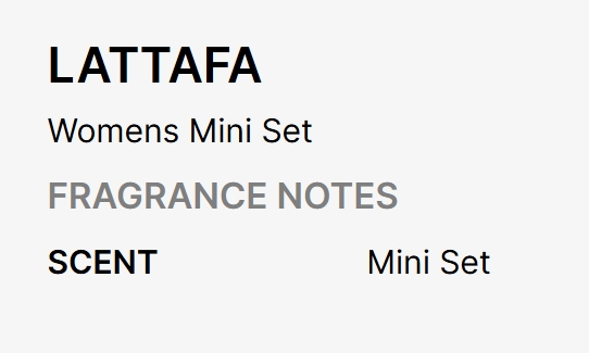A text-based graphic with the brand name LATTAFBA at the top, followed by 'Womens Mini Set' and 'FRAGRANCE NOTES' in gray, with 'SCENT' and 'Mini Set' below on a light gray background.