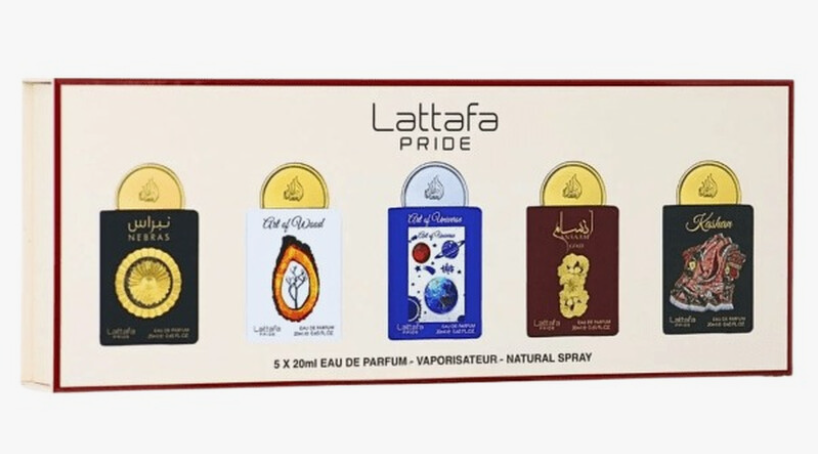 Lattafo Pride 5-piece natural spray perfume gift set in a cream-colored box with a red border, featuring five different colored perfume bottles: Neras (black), Cit of Orange (white), Cit of Dreams (blue), Al Rasas (maroon), and Khulan (black).