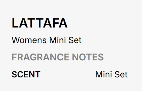 A text-based graphic on a light gray background reading 'LATTAFA' in large black font, with 'Womens Mini Set' and 'FRAGRANCE NOTES' below, plus 'SCENT' and 'Mini Set' in smaller gray and black text.