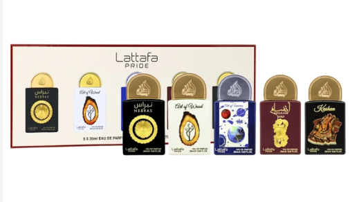 A set of five Lattafa Pride cologne bottles displayed in front of their matching retail packaging box. The collection includes five distinct scents: Saffron, City of Gold, Damascus, Atlas, and Al Salam, each with its own unique color-coded packaging and gold cap.