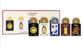 A set of five Lattafa Pride cologne bottles displayed in front of their matching retail packaging box. The collection includes five distinct scents: Saffron, City of Gold, Damascus, Atlas, and Al Salam, each with its own unique color-coded packaging and gold cap.