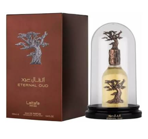 Lattafa Pride Eternal Oud Unisex Eau de Parfum box and bottle 3.4oz 100ml on dark background