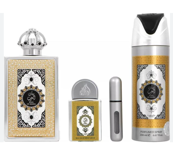 A perfume gift set featuring a large rectangular bottle with a silver crown cap, a small rectangular bottle, a silver atomizer spray, and a tall silver-and-gold perfume spray can, all with ornate black and white labels on a white background.