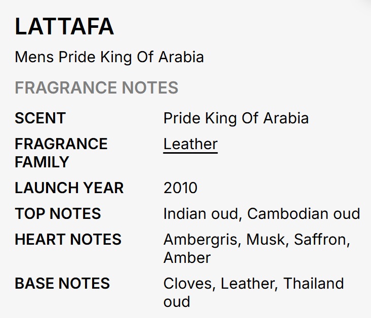 A text-based fragrance notes card for Lattafa's 'Mens Pride King Of Arabia' perfume, detailing the scent as leather and listing launch year, top notes, heart notes, and base notes.