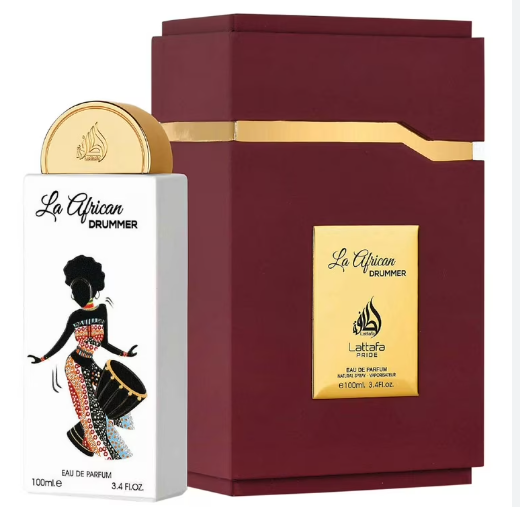 Lattafa Pride La African Drummer Women Eau de Parfum box and bottle 3.4oz 100ml on dark background