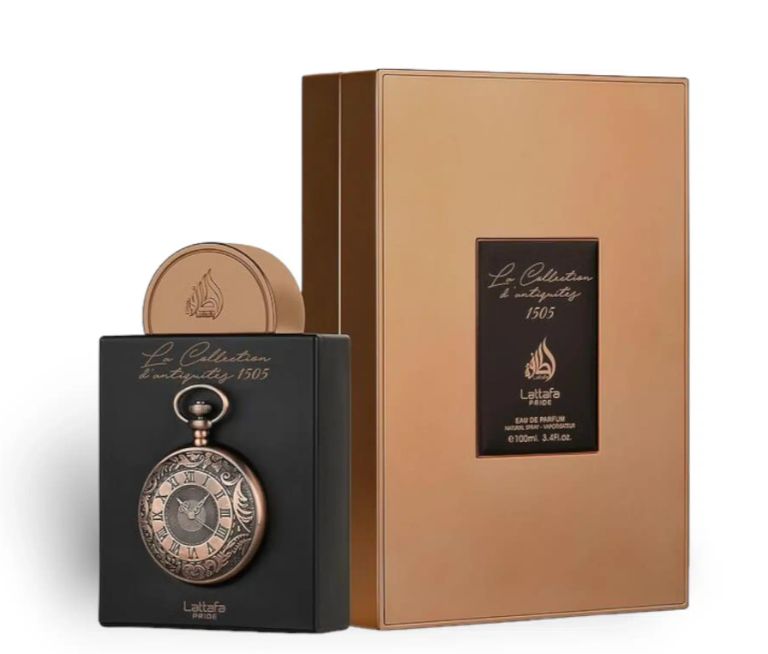 Lattafa Pride La Collection D'Antiquities Watch Unisex Eau de Parfum box and bottle 3.4oz 100ml on white background