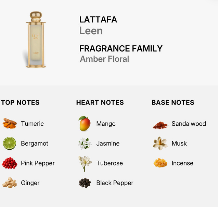Lattafa Pride Leen Unisex EDP 100ml soft tender floral oriental fragrance with fresh florals delicate rose soft jasmine gentle amber clean musk and sandalwood