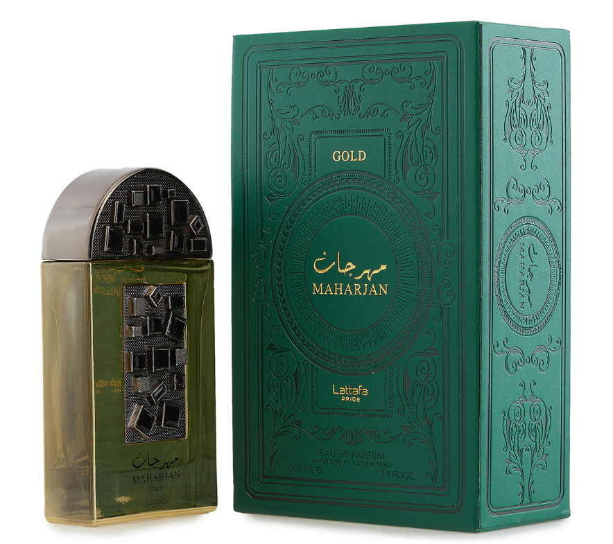 Lattafa Pride Maharjan Gold Unisex Eau de Parfum box and bottle 3.4oz 100ml on dark background