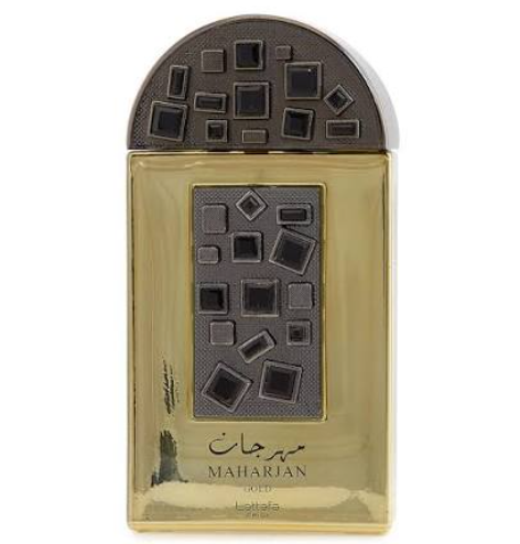 Lattafa Pride Maharjan Gold Unisex Eau de Parfum spray bottle 3.4oz 100ml on white background