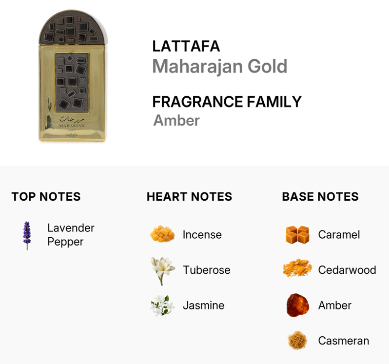 Lattafa Pride Maharjan Gold Unisex EDP 100ml opulent golden oriental oud amber fragrance with precious golden spice deep oud golden amber rose dark musk and sandalwood