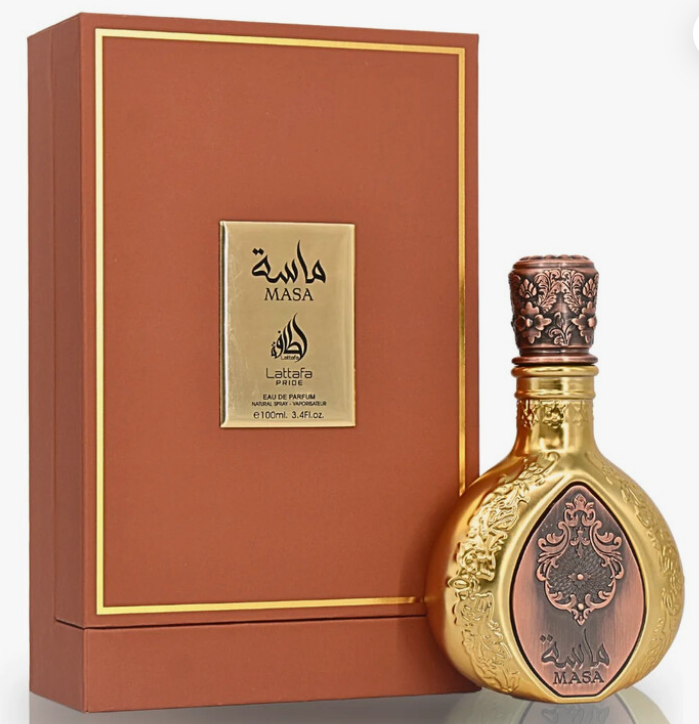 Lattafa Pride Masa Unisex Eau de Parfum box and bottle 3.4oz 100ml on dark background
