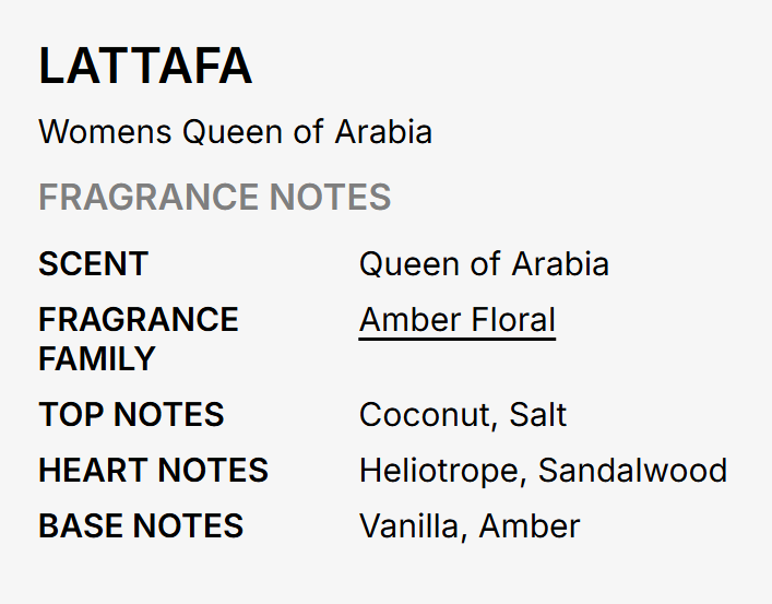 A text-based fragrance note card for Lattafo, Women's Queen of Arabia, showing scent, fragrance family, top notes, heart notes, and base notes on a light gray background.