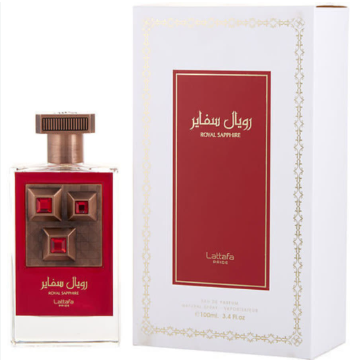 Lattafa Pride Royal Sapphire Unisex Eau de Parfum box and bottle 3.4oz 100ml on white background