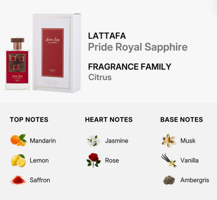 Lattafa Pride Royal Sapphire Unisex EDP 100ml cool regal oriental woody oud fragrance with fresh aromatic notes smooth oud precious amber cool woody warmth regal incense dark musk and sandalwood