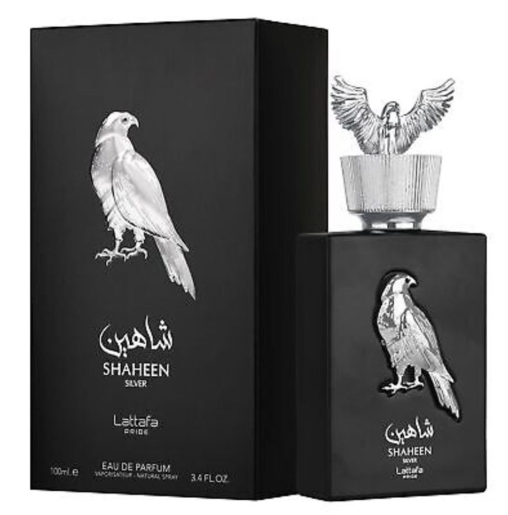 Lattafa Pride Shaheen Silver Unisex Eau de Parfum box and bottle 3.4oz 100ml on dark background