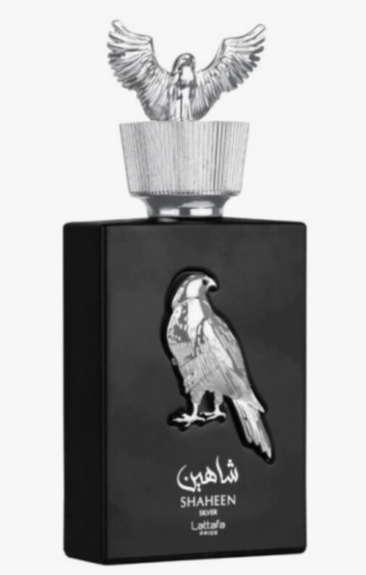 Lattafa Pride Shaheen Silver Unisex Eau de Parfum spray bottle 3.4oz 100ml on white background