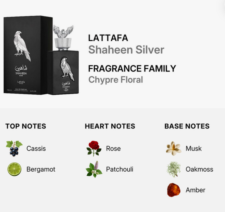 Lattafa Pride Shaheen Silver Unisex EDP 100ml soaring silver-cool oriental woody fresh fragrance with fresh aromatic notes smooth woods precious amber cool silver warmth clean musk and sandalwood