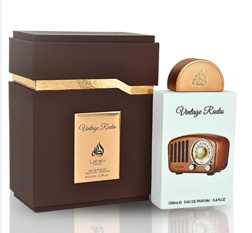Lattafa Pride Vintage Radio Unisex Eau de Parfum box and bottle 3.4oz 100ml on dark background