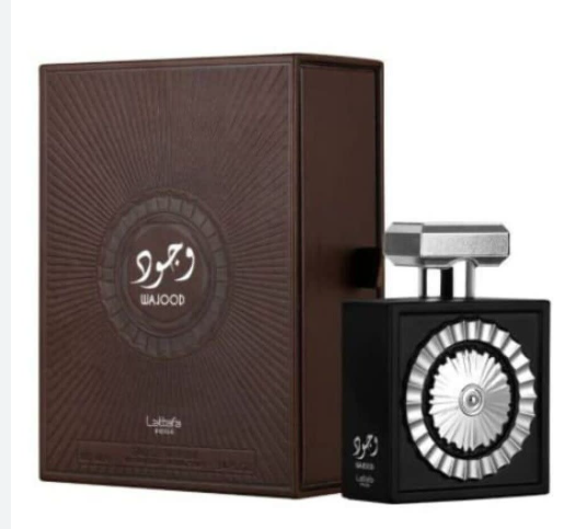 Lattafa Pride Wajood Unisex Eau de Parfum box and bottle 3.4oz 100ml on dark background