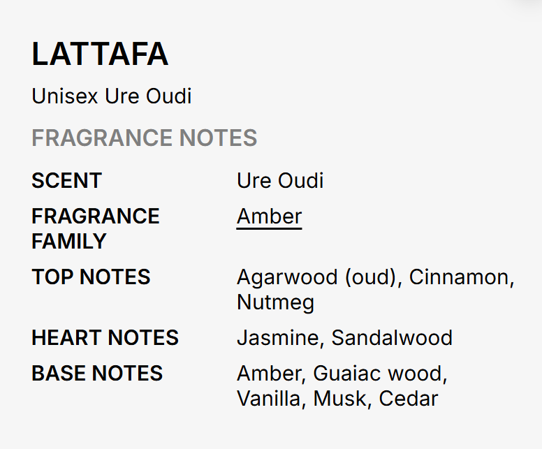 A text-based fragrance notes card for LATTAFWA Unisex Ure Oudi, detailing scent, fragrance family (Amber), top notes (Agarwood, Cinnamon, Nutmeg), heart notes (Jasmine, Sandalwood), and base notes on a light gray background.