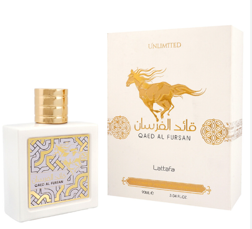 Lattafa Qaed Al Fursan Unlimited Unisex Eau de Parfum box and bottle 3.0oz 90ml on dark background