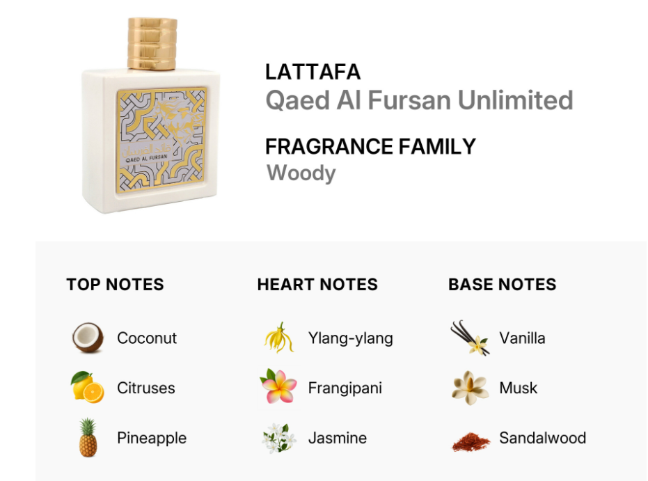 Lattafa Qaed Al Fursan Unlimited Unisex EDP 90ml bold commanding oriental woody fresh fragrance with fresh aromatic notes smooth woods precious amber bold warmth clean musk and sandalwood
