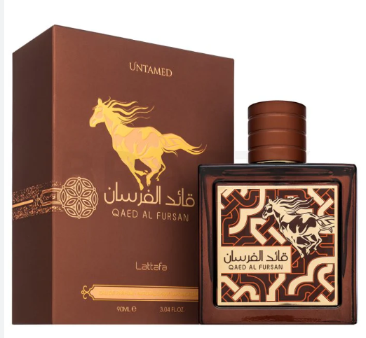 Lattafa Qaed Al Fursan Untamed Unisex Eau de Parfum box and bottle 3.0oz 90ml on dark background