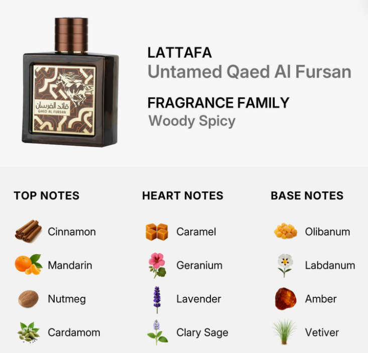 Lattafa Qaed Al Fursan Untamed Unisex EDP 90ml wild commanding oriental woody fresh fragrance with fresh aromatic notes smooth woods precious amber bold untamed warmth raw musk and sandalwood