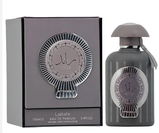 Lattafa Ra'ed Intensely Unisex Eau de Parfum box and bottle 3.4oz 100ml on dark background