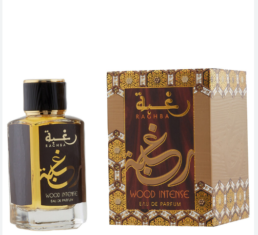 Lattafa Raghba Wood Intense Unisex Eau de Parfum box and bottle 3.4oz 100ml on white background