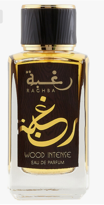 Lattafa Raghba Wood Intense Unisex Eau de Parfum spray bottle 3.4oz 100ml on white background