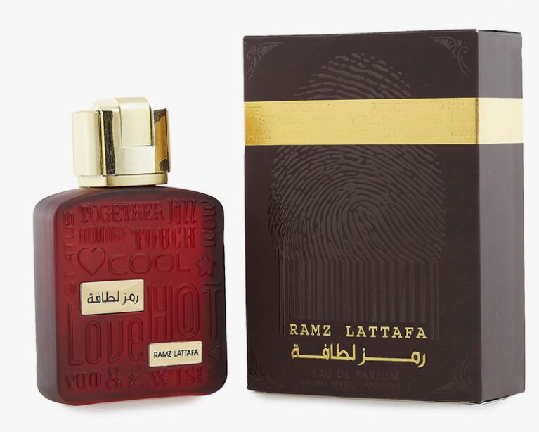 Lattafa Ramz Gold Men Eau de Parfum box and bottle 3.4oz 100ml on white background