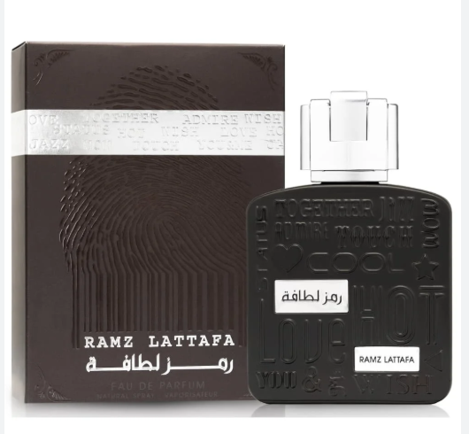 Lattafa Ramz Silver Men Eau de Parfum box and bottle 3.4oz 100ml on white background